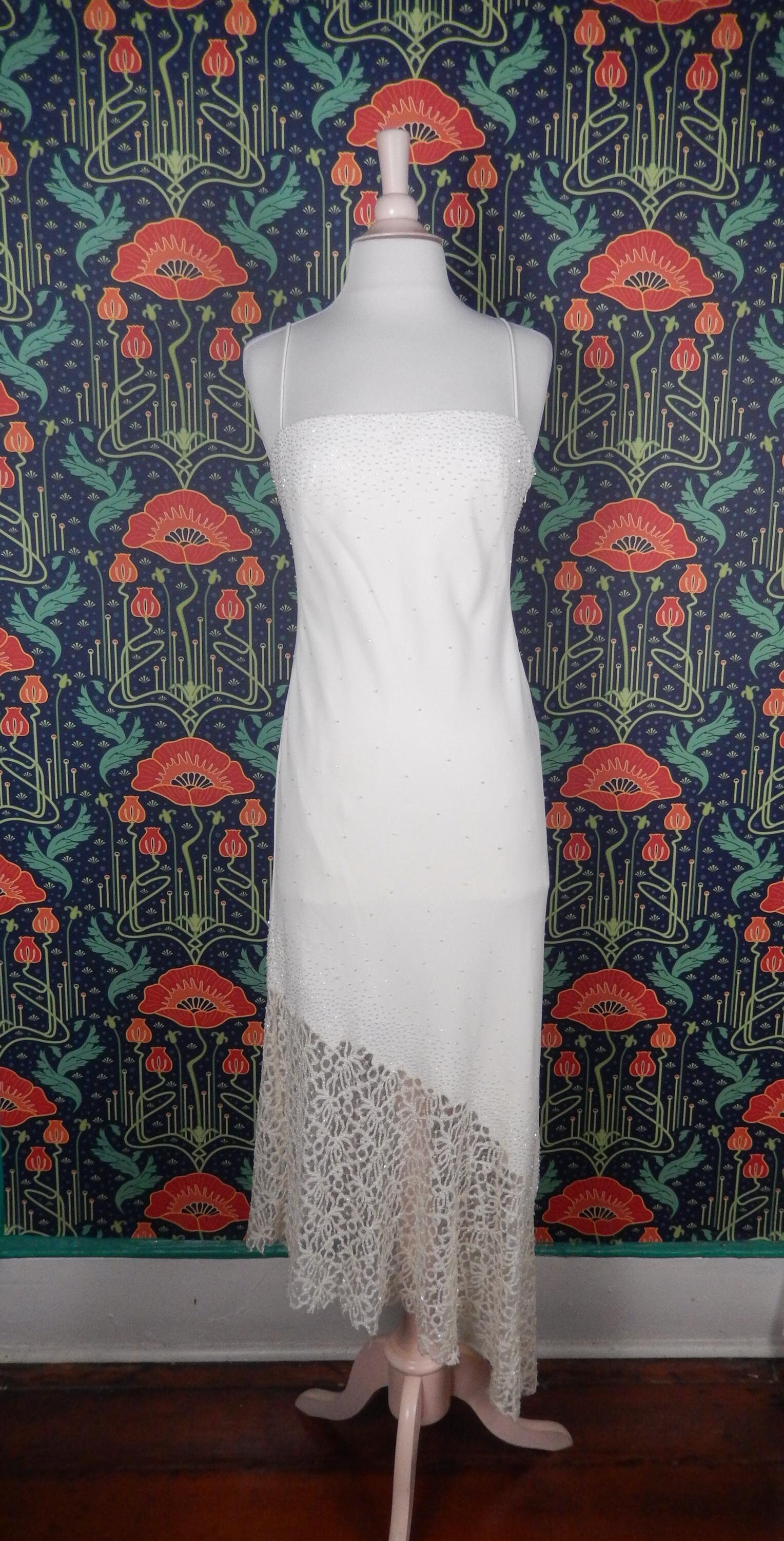 Vintage 90's Y2K Asymmetrical Hem White Beaded Lace Prom Homecoming Slip Dress