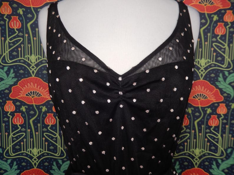 Vintage Y2K Bcbg Max Azria Black Embroidered Mesh Polka Dot Fit Flare Cocktail Dress bild 3