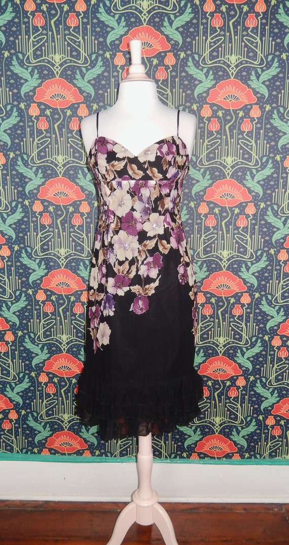 Vintage 90's Y2K Black Purple Floral Beaded Silk W