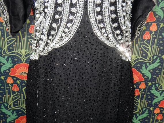 Vintage 80's Black Silver Beaded Sequin Silk Dyna… - image 5