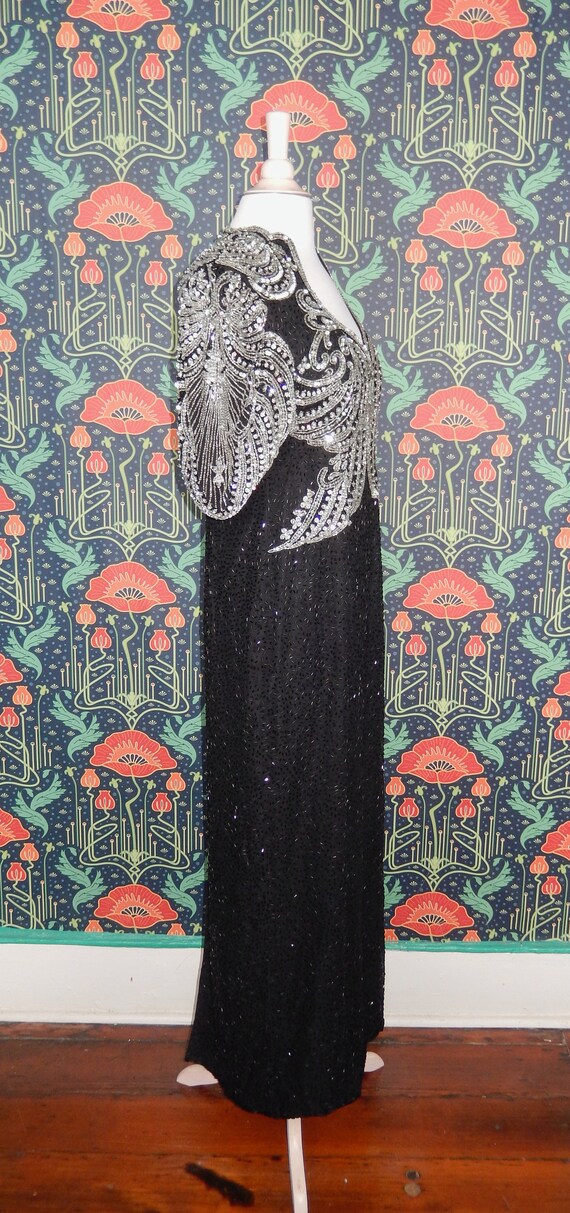 Vintage 80's Black Silver Beaded Sequin Silk Dyna… - image 9