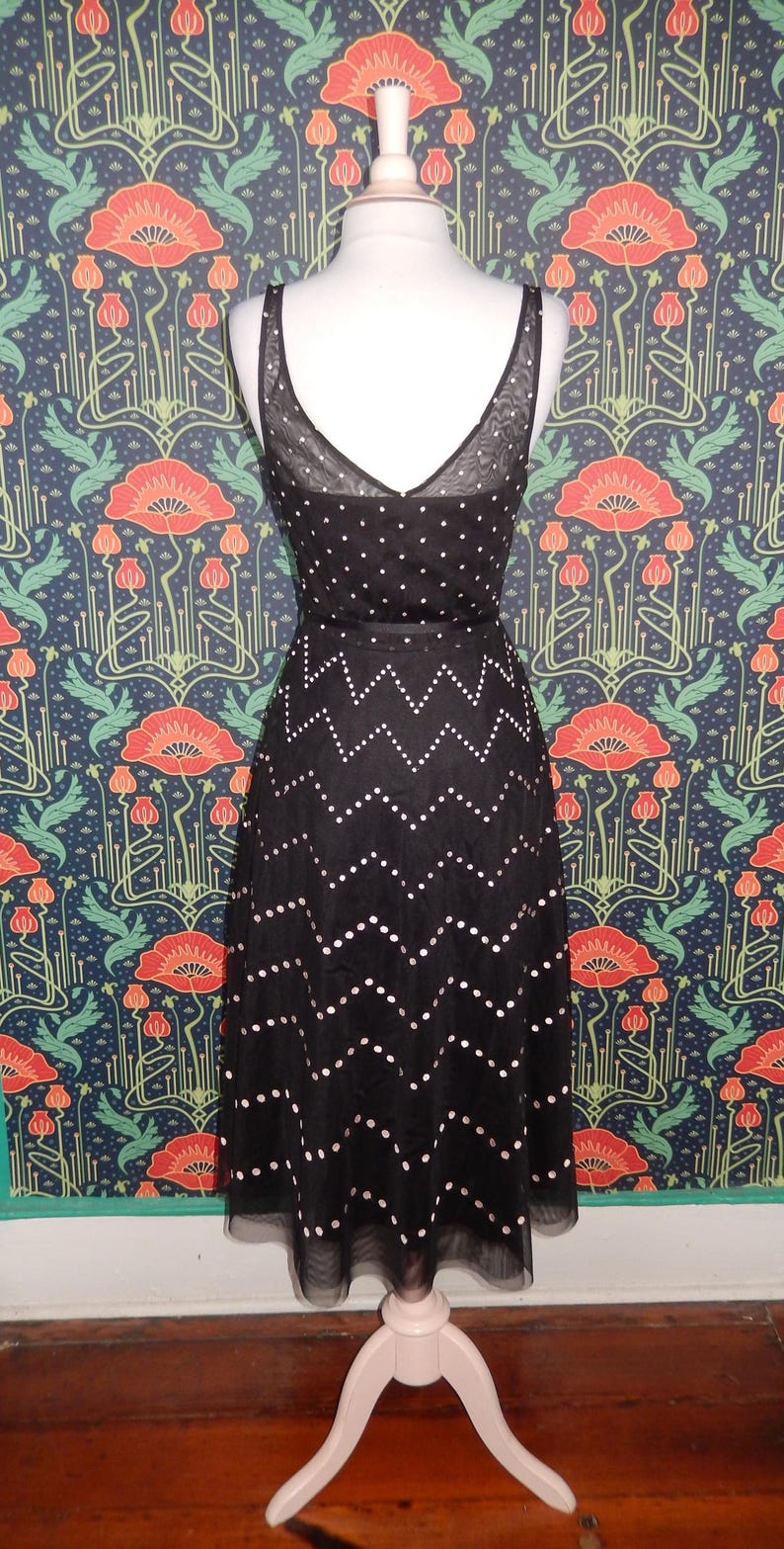 Vintage Y2K Bcbg Max Azria Black Embroidered Mesh Polka Dot Fit Flare Cocktail Dress bild 6