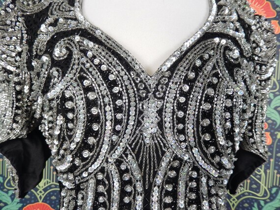 Vintage 80's Black Silver Beaded Sequin Silk Dyna… - image 3