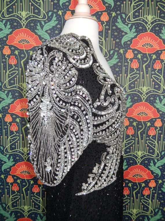 Vintage 80's Black Silver Beaded Sequin Silk Dyna… - image 6