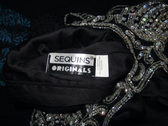 Vintage 80's Black Silver Beaded Sequin Silk Dyna… - image 2