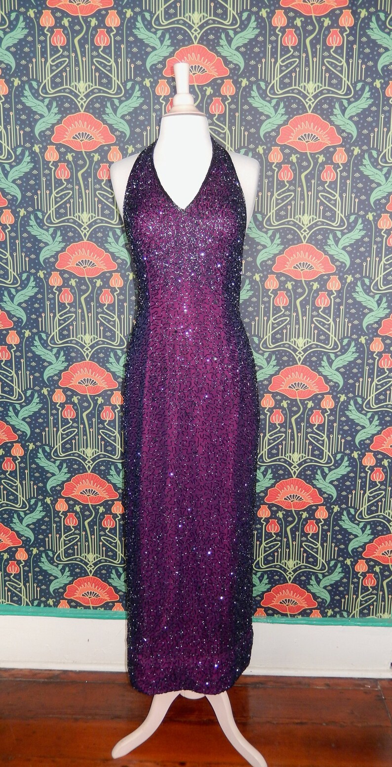 Vintage 90's Y2K Whimsigoth Purple Sequin Beaded Silk Prom Hoco Halter