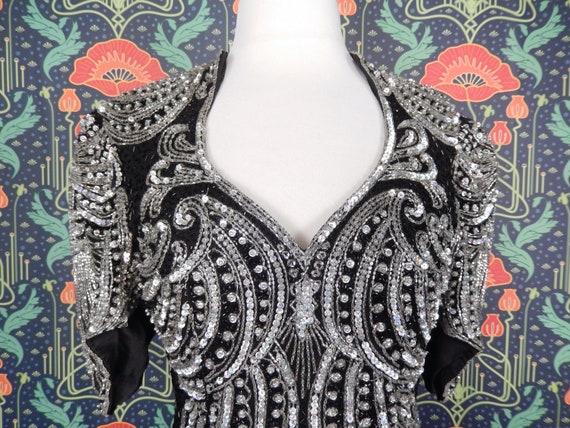 Vintage 80's Black Silver Beaded Sequin Silk Dyna… - image 4