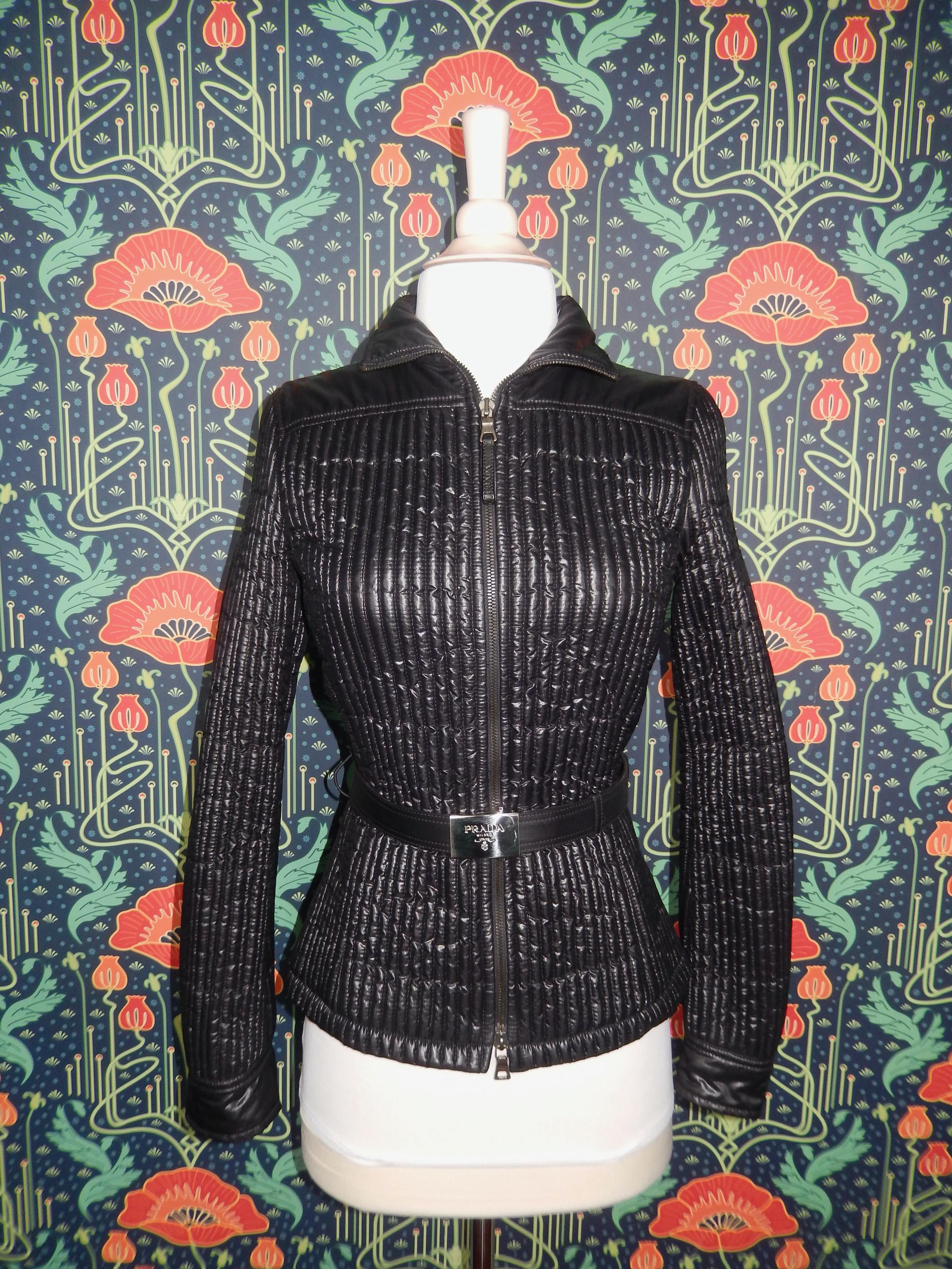 Vintage Y2K Prada Sport Black Nylon Quilted Ribbed Belted Jacket 