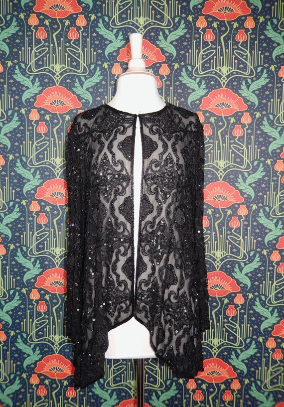 Vintage 90's Y2K Black Sheer Silk Sequin Heavily B