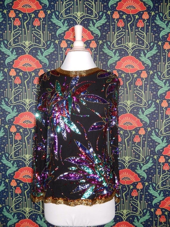 Vintage 90's Black Tie Oleg Cassini Silk Sequin Be