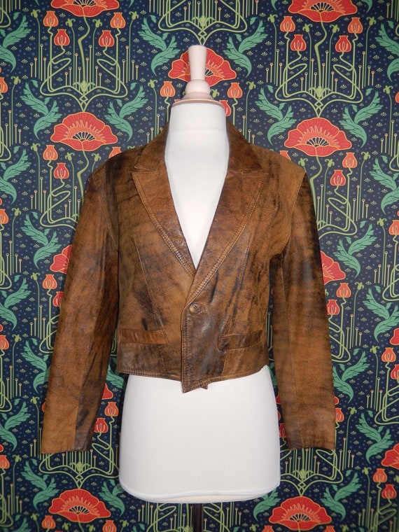 Vintage 80's 90's Brown Cropped Distressed Leathe… - image 1