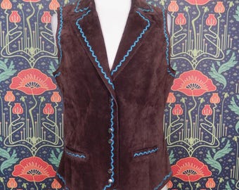 Vintage Y2K Brown Suede Embroidered Western Turquoise Vest Top M