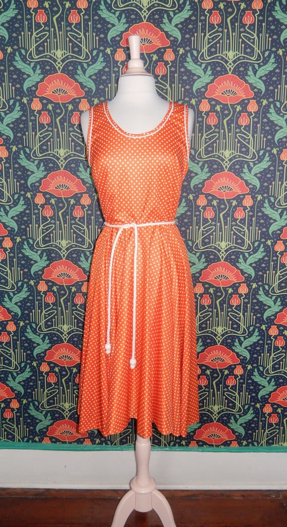 Vintage 70's Orange White Sleeveless Polka Dot Fit