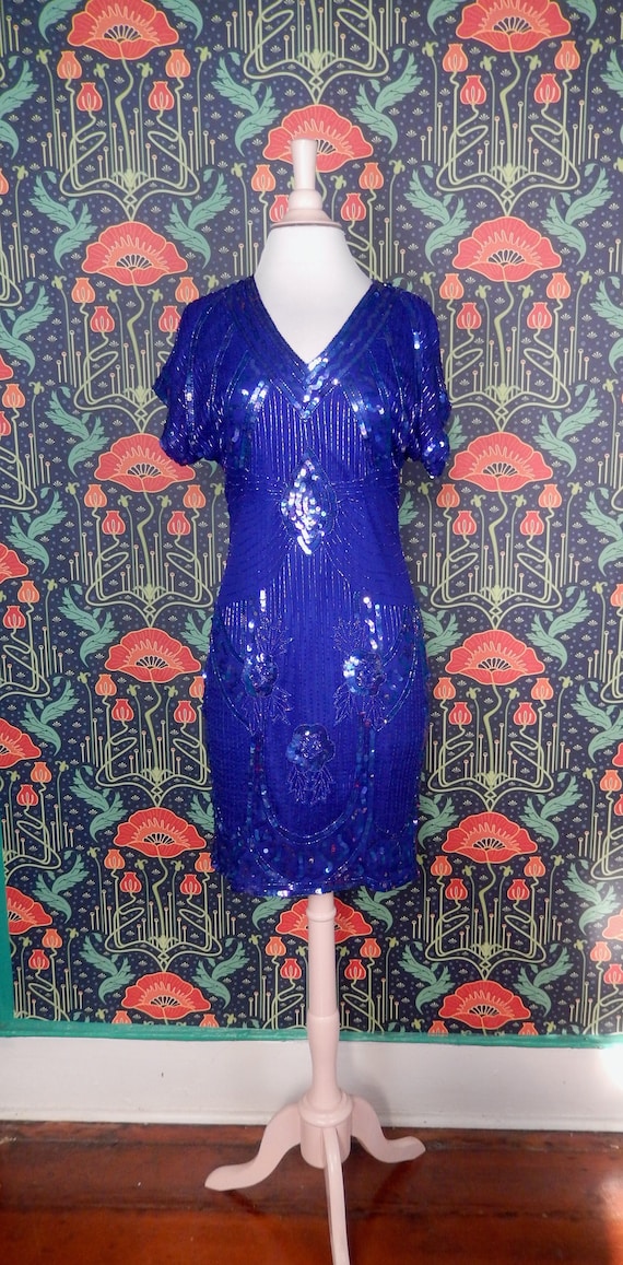 Vintage 80's Stenay Royal Blue Beaded Sequin Silk 