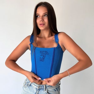 blaues Renaissance Korsett, Ren Faire Korsett, Überbrust Korsett, Viktorianisches Korsett, Rückhaltekorsett