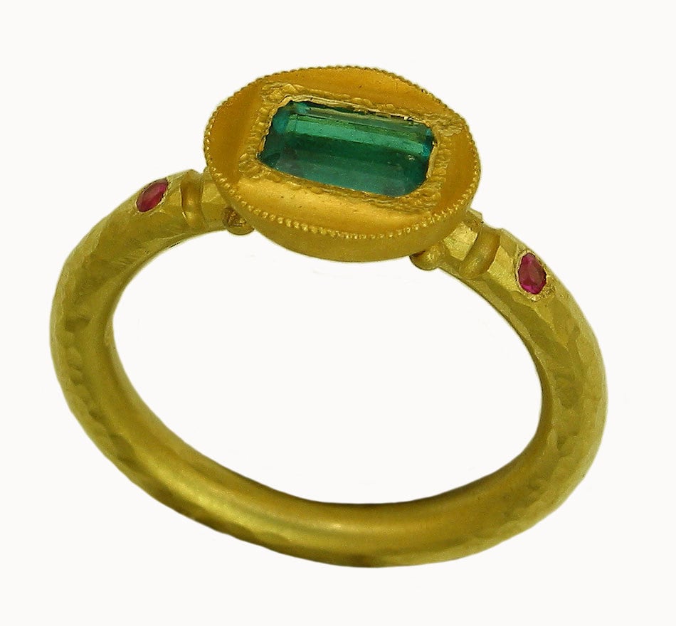 22k gold Emerald and Ruby Ring using 100 percent recycled gold MADE TO ORDER