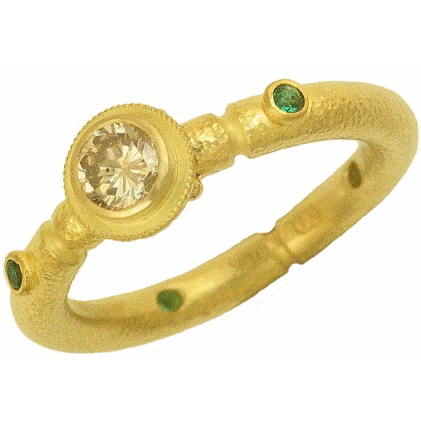 18k gold ring with Cognac diamond and Emeralds MADE TO ORDER using 100 percent recycled gold