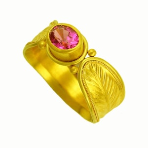 22k gold Palmate Ring with Magenta Sapphire using 100 percent recycled gold MADE TO ORDER