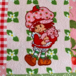 May include: A fabric panel featuring a cartoon character, Strawberry Shortcake, holding a pink cat. The character wears a red dress, orange shoes, and a pink hat with strawberry designs. The background is a patchwork of pink, white, and green patterns.