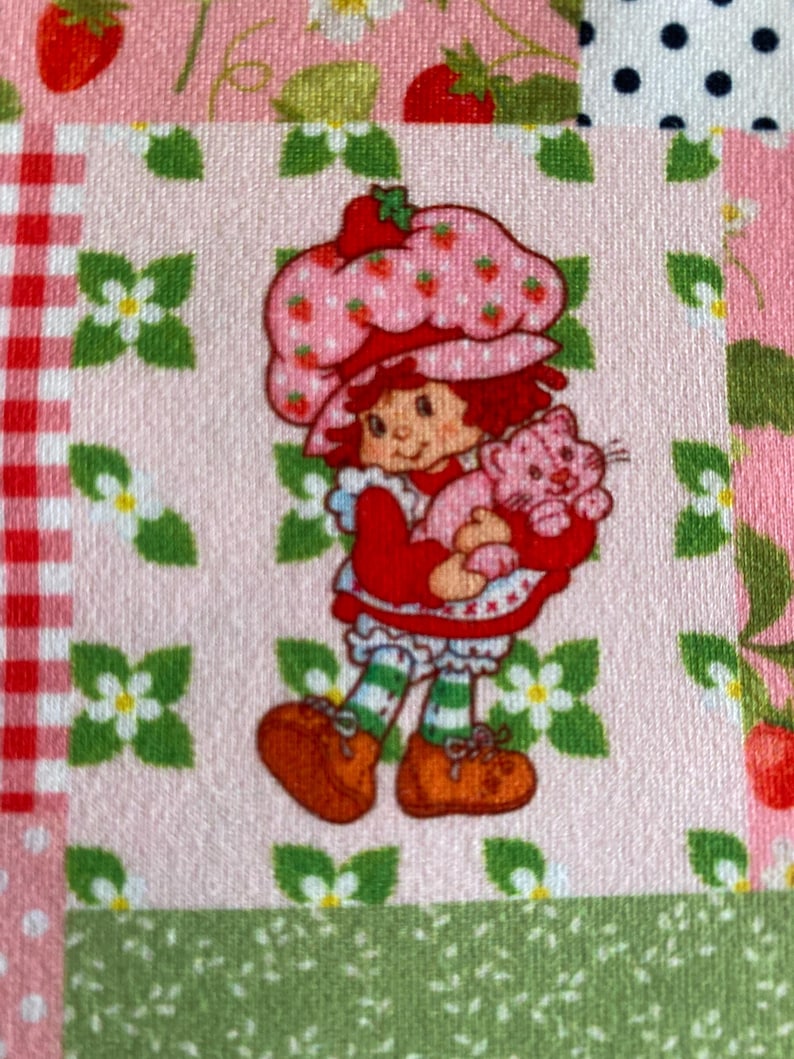 May include: A fabric panel featuring a cartoon character, Strawberry Shortcake, holding a pink cat. The character wears a red dress, orange shoes, and a pink hat with strawberry designs. The background is a patchwork of pink, white, and green patterns.