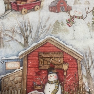 Susan Winget holiday barn snowman lil red wagon  Red Birds Hi fashion fabric quilt  cotton   fabric- bthy