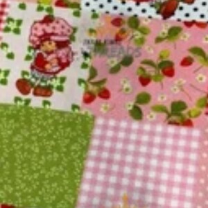 May include: A patchwork fabric featuring various patterns, including polka dots, gingham, and strawberry designs. The fabric showcases a repeating image of a cartoon strawberry character in a pink bonnet and red dress.