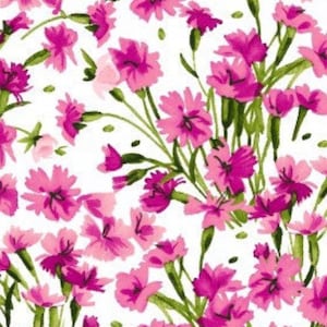 May include: A white background with a repeating pattern of pink flowers and green leaves. The flowers are in various shades of pink and have a watercolor effect. The leaves are a deep green and have a realistic look. The pattern is continuous and covers the entire background.