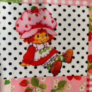 May include: A patchwork design featuring a Strawberry Shortcake character on a white polka dot background. The character wears a pink strawberry hat and red outfit. The patchwork includes pink gingham, green floral, and strawberry patterns.