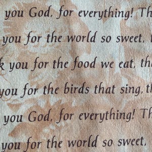 May include: Close-up of a fabric with a floral pattern in shades of beige and brown. The fabric is printed with the words "you for the birds that sing, thank you God, for everything!" and other phrases.