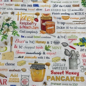 May include: A white background with colorful text and illustrations of honey, pancakes, and baking ingredients. The text includes instructions for making pancakes with honey and raspberry and peach jam. The text also includes the words "Sweet Honey Pancakes" and "Sunday Morning".