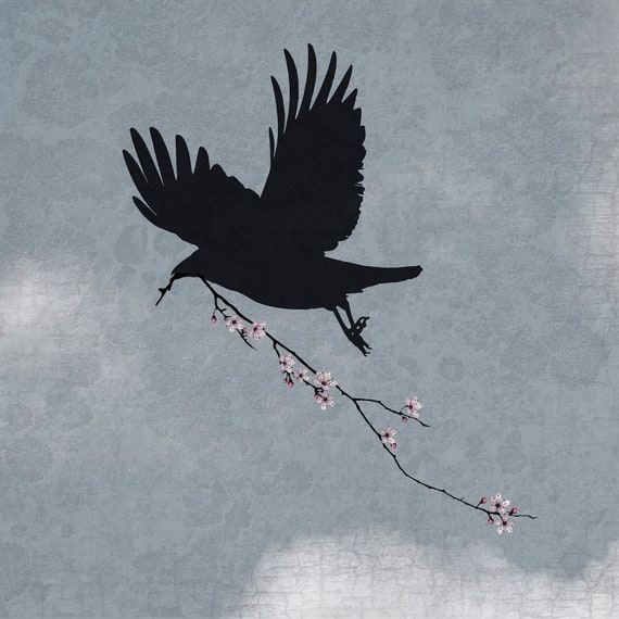 Sky Messenger, Crow Carries a Blossom Branch Across a Blue