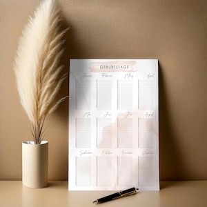Minimalist birthday calendar | Perpetual calendar as annual overview | Lettering watercolor design | Digital download as PDF