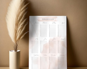 Minimalist birthday calendar | Perpetual calendar as annual overview | Lettering watercolor design | Digital download as PDF