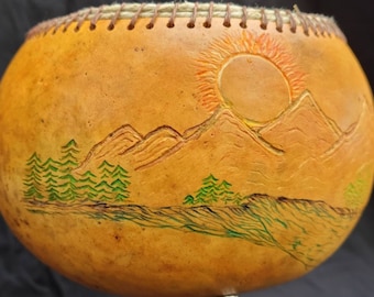 Gourd basket with watercolor mountain scene