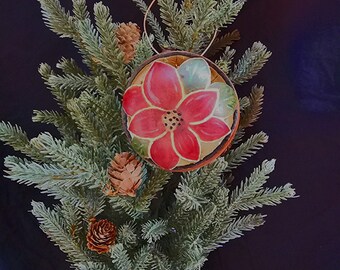 Poinsettia Hancarved Gourd Holiday Ornament