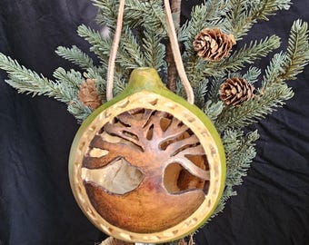 Tree of Life Hancarved Gourd Holiday Ornament