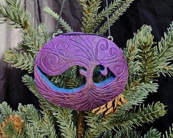 Whimsical Tree of Life Hancarved Gourd Holiday Ornament