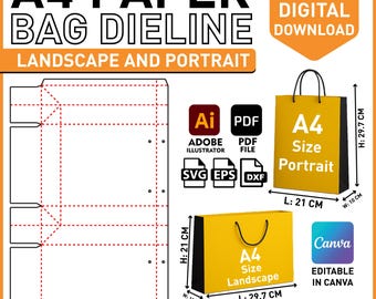 A4 Paper Bag Dieline Digital Download – Landscape & Portrait | Printable Template Svg, Dxf, Ai, PDF, EPS | Gift Packaging Design File