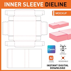 May include: A black and white line drawing of a box with a dotted line showing where to fold. The box is labeled "INNER SLEEVE DIELINE". The image also shows a mockup of the box in pink.