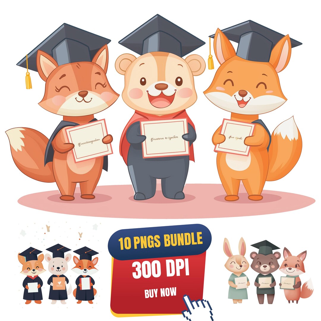Bundle of 10 Graduation Clipart PNG, Cute Fox Bear Illustration ...