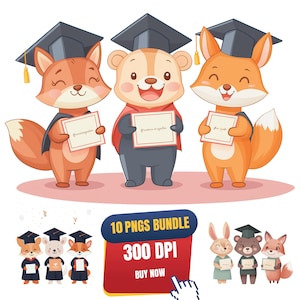 Pacchetto di 10 clipart di laurea in formato PNG, illustrazione di un simpatico orso volpe, disegno di un animale dei cartoni animati per il diploma, download digitale per la scuola materna, toga per bambini