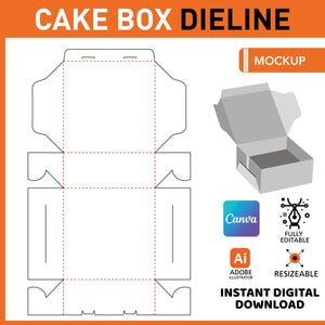 May include: A black and white line drawing of a cake box die-cut template. The template is fully editable and resizable. The image also includes a mockup of the box in a light gray color. The text "CAKE BOX DIELINE" is at the top of the image, and the text "MOCKUP" is in the upper right corner. The text "Canva", "Ai", "ADOBE ILLUSTRATOR", "FULLY EDITABLE", "RESIZEABLE", "INSTANT DIGITAL DOWNLOAD" is also included in the image.