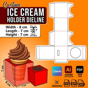 Eistüte Halter Vorlage | Benutzerdefinierte Die Cut Box | Gastgeschenk Verpackung | Printable Eis Behälter dieline | DIY Eis Box SVG
