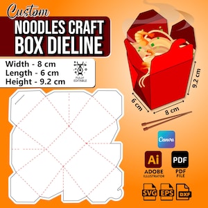 Plantilla de caja de fideos / Empaque personalizado para comida para llevar / Troquelado de caja de papel para comida / Diseño de empaque de fideos imprimible con troqueles / Caja plegable SVG DIY