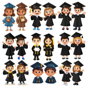 18 lindas imágenes prediseñadas de graduación de dibujos animados / Lindos niños y niñas con toga y birrete / Graduado PNG / Descarga digital para tarjetas e invitaciones