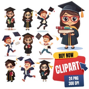 Bundle de cliparts Chibi pour la promotion 2025 PNG mignon diplômé garçon & fille téléchargement numérique pour sublimation et travaux manuels, élèves d'âge préscolaire