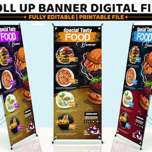 Może przedstawiać: Trzy roll-up banery z czarno-białym tłem przedstawiające różne produkty spożywcze, w tym hamburgery, pizzę i frytki. Banery są oznaczone jako "Special Tasty Food Banner".