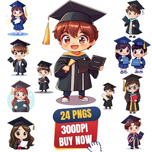 Paquete de 24 imágenes prediseñadas de graduación de jardín de infantes de Chibi / Lindos estudiantes, niño y niña, con birrete y toga / Arte y manualidades digitales escolares imprimibles