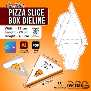Può includere: Un modello di fustellatura stampabile per una scatola di pizza a fette. Il modello è completamente modificabile e può essere ridimensionato. Le dimensioni della scatola sono 25 cm di larghezza, 20 cm di lunghezza e 4,5 cm di altezza. Il modello è etichettato con il testo "Pizza Box Slice".