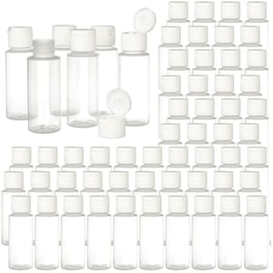May include: A set of 100 clear plastic bottles with white flip top caps. The bottles are approximately 2 ounces in size and are perfect for storing liquids like essential oils, lotions, or hand sanitizer.